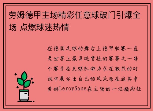 劳姆德甲主场精彩任意球破门引爆全场 点燃球迷热情